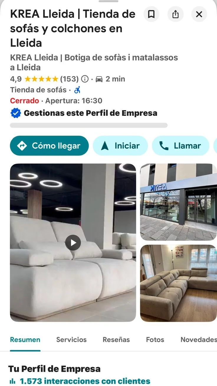 Google Business Krea Lleida — 4,9 estrellas con 153 reseñas y 1.573 interacciones con clientes
