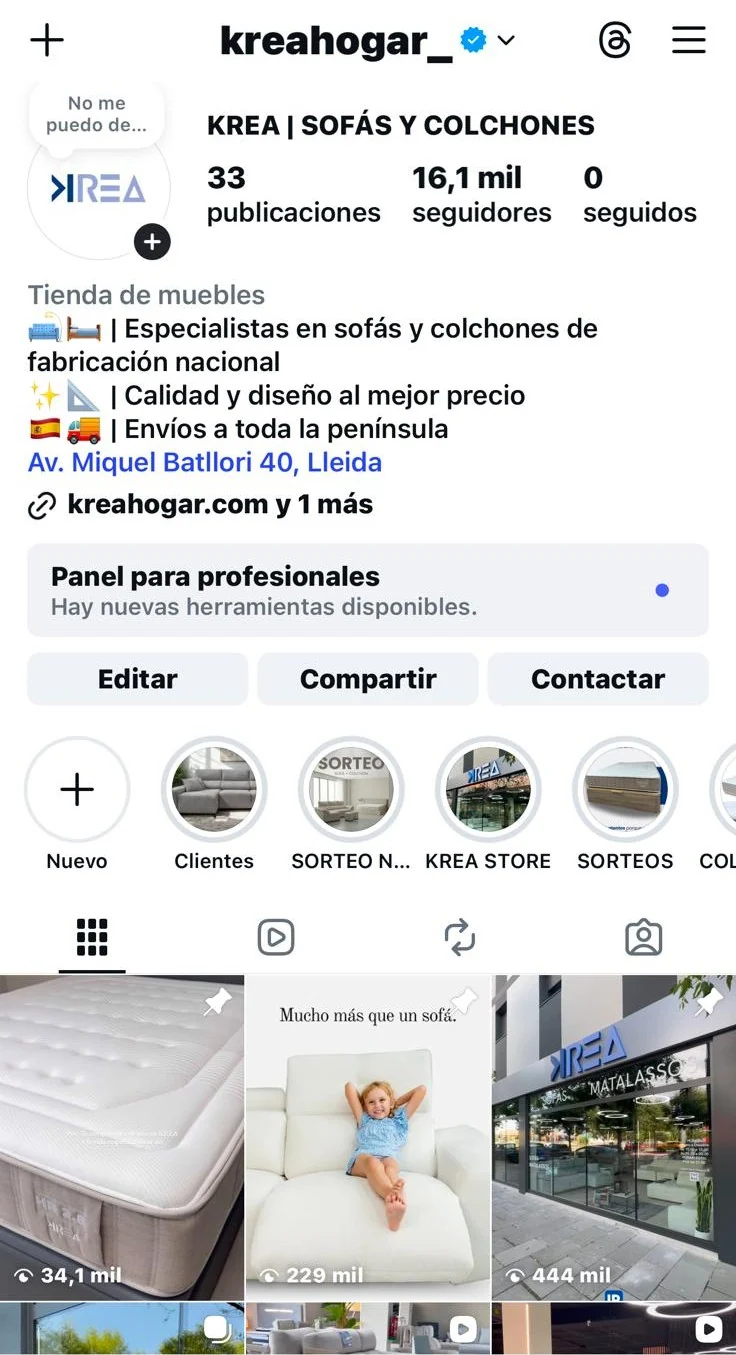 Perfil Instagram kreahogar_ con 16.100 seguidores — tienda de sofás y colchones Lleida
