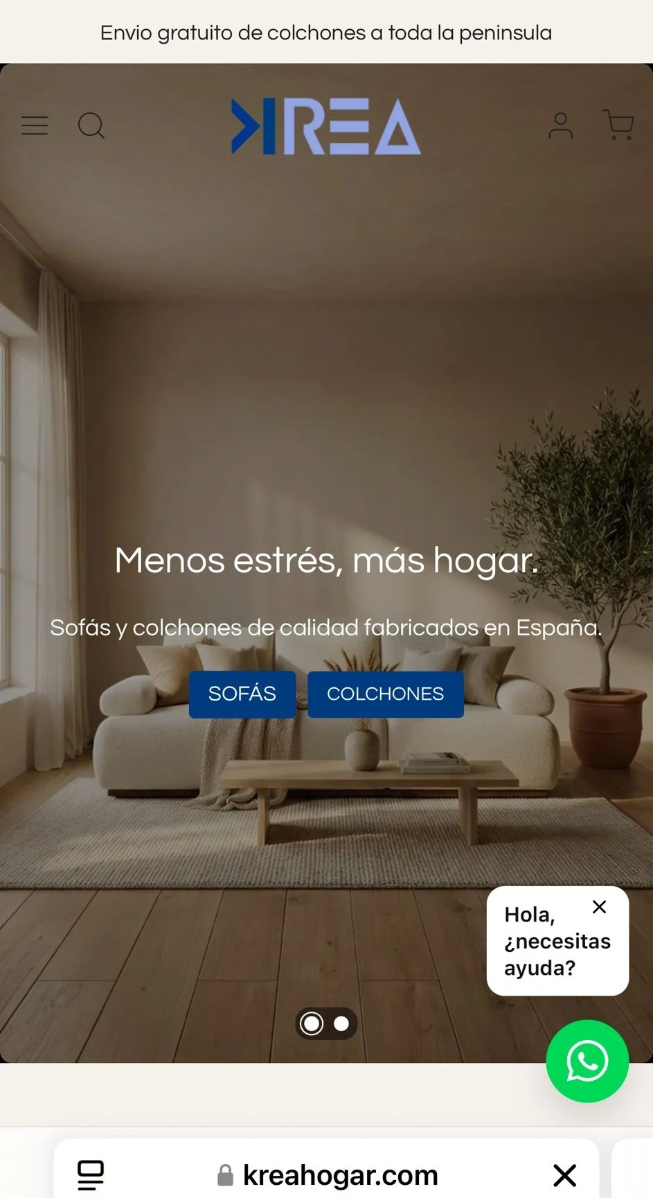 Web kreahogar.com sofás y colchones fabricados en España — vista móvil